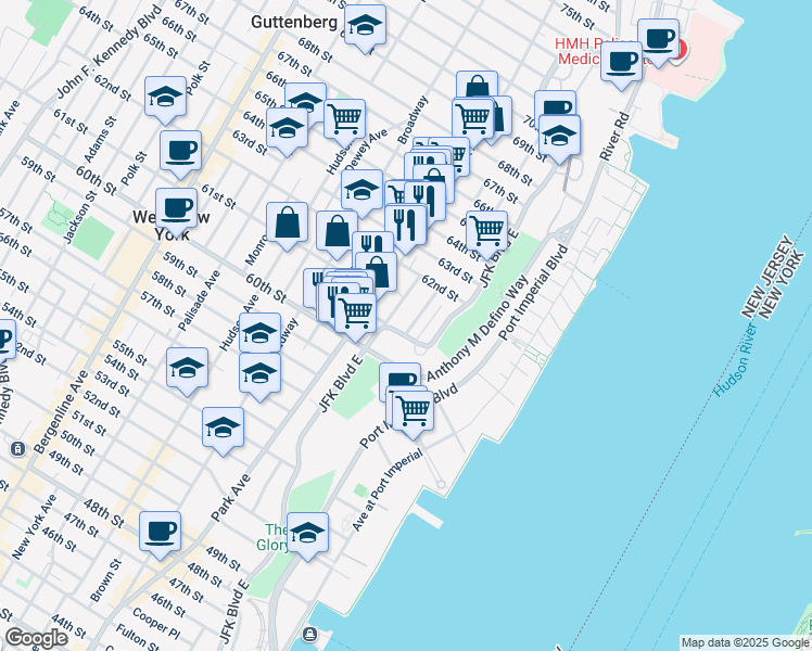 map of restaurants, bars, coffee shops, grocery stores, and more near 6100 Monitor Place in West New York