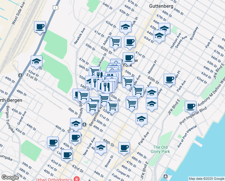 map of restaurants, bars, coffee shops, grocery stores, and more near 515 56th Street in West New York
