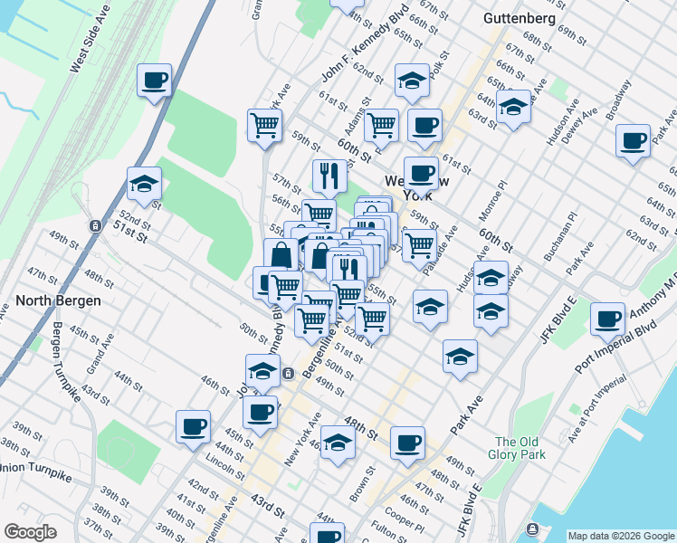 map of restaurants, bars, coffee shops, grocery stores, and more near 556 55th Street in West New York