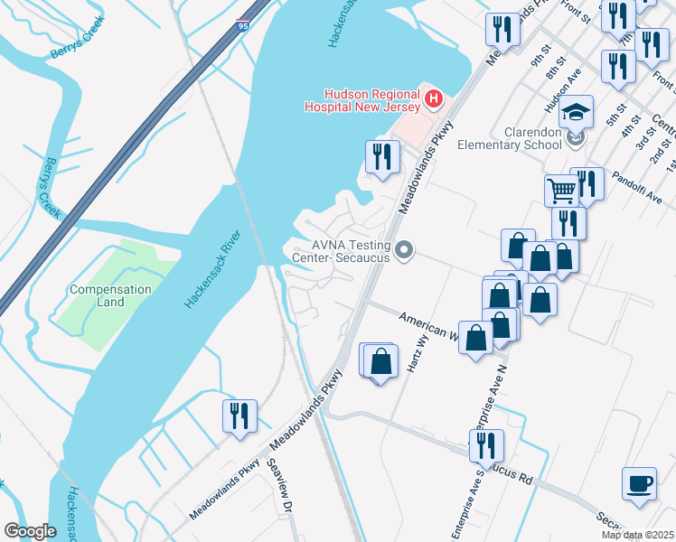 map of restaurants, bars, coffee shops, grocery stores, and more near 450 Dunlin Plaza in Secaucus