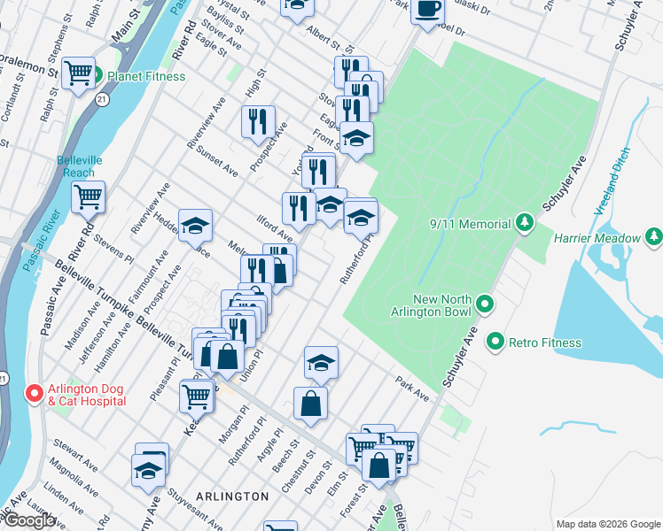 map of restaurants, bars, coffee shops, grocery stores, and more near 17 Franklin Place in North Arlington