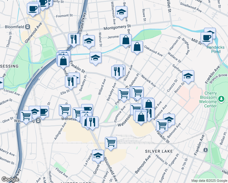 map of restaurants, bars, coffee shops, grocery stores, and more near 170 Berkeley Avenue in Bloomfield