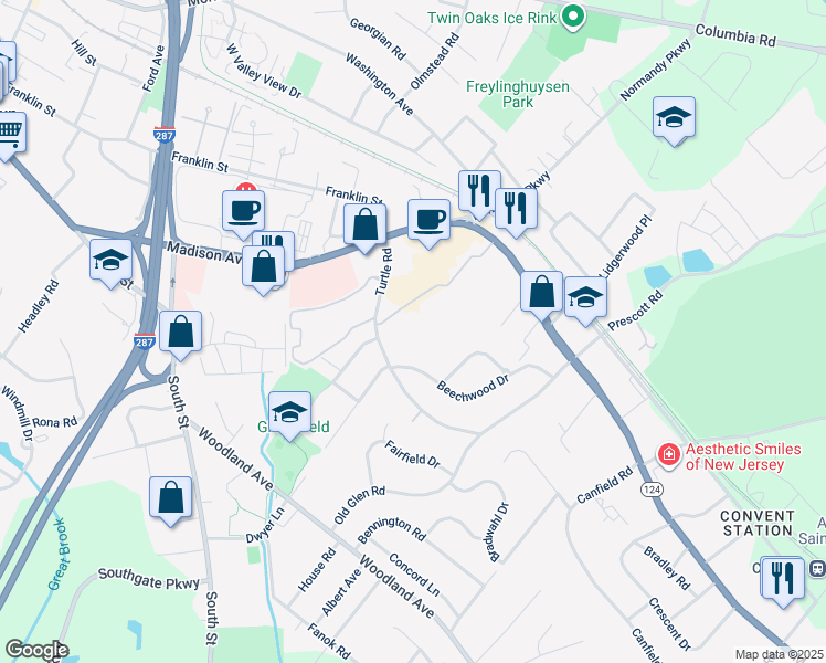 map of restaurants, bars, coffee shops, grocery stores, and more near 50 Village Drive in Morristown