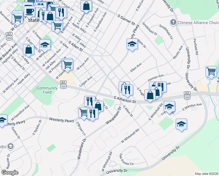 map of restaurants, bars, coffee shops, grocery stores, and more near 1120 South Allen Street in State College