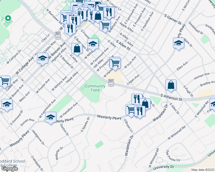 map of restaurants, bars, coffee shops, grocery stores, and more near 290 West Hamilton Avenue in State College