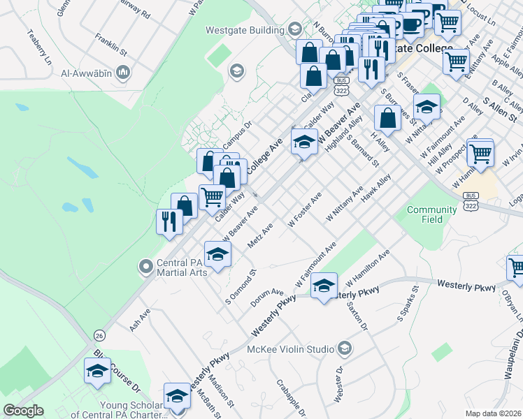 map of restaurants, bars, coffee shops, grocery stores, and more near 834 Pennsylvania 26 in State College
