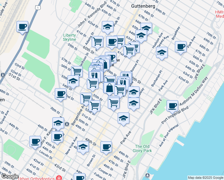 map of restaurants, bars, coffee shops, grocery stores, and more near 410 57th Street in West New York