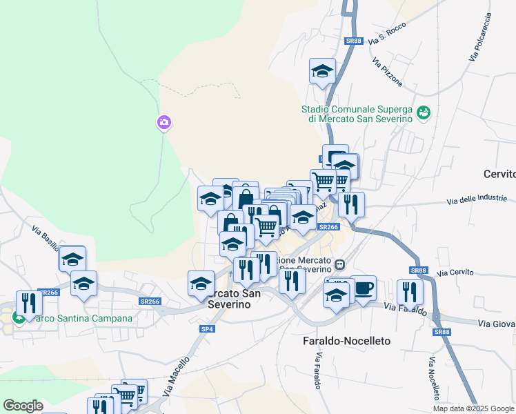 map of restaurants, bars, coffee shops, grocery stores, and more near 581 Via Municipio in Mercato San Severino