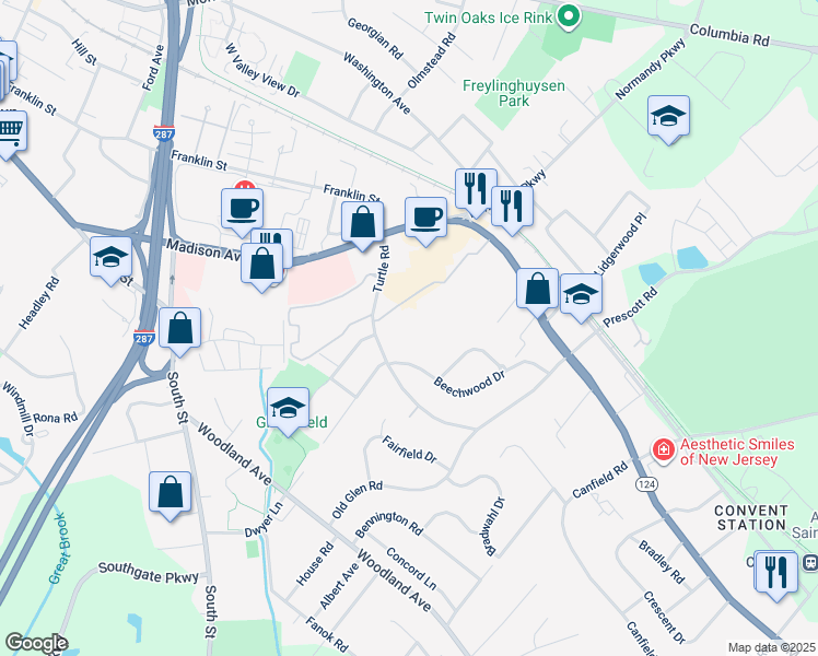 map of restaurants, bars, coffee shops, grocery stores, and more near 50 Village Drive in Morristown