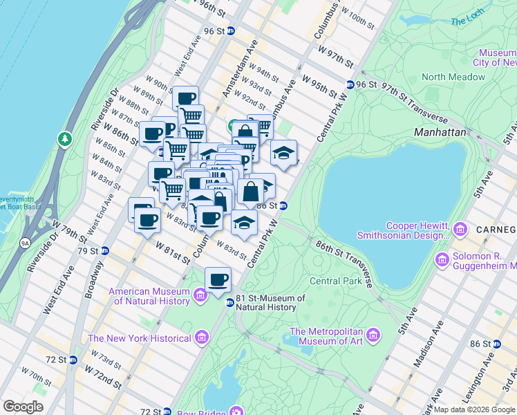 map of restaurants, bars, coffee shops, grocery stores, and more near 21 West 86th Street in New York