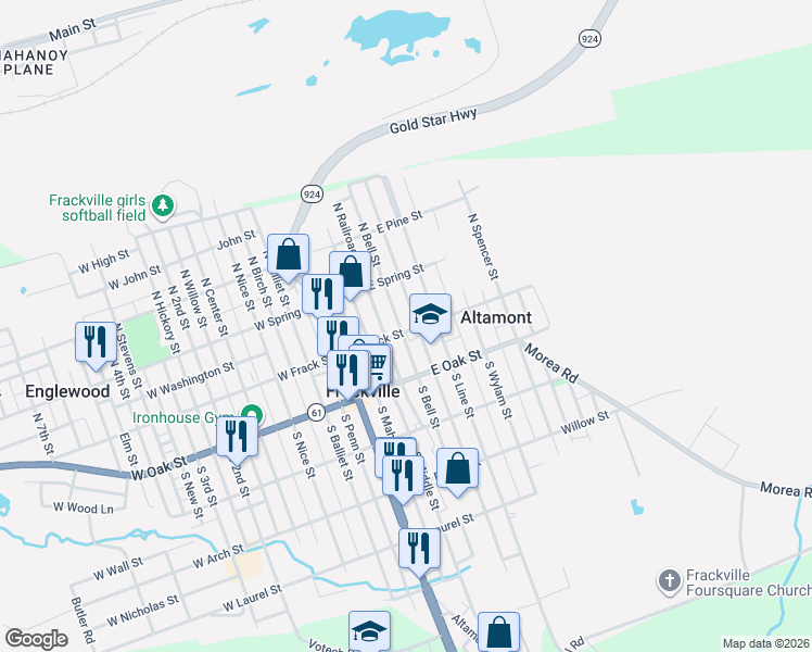 map of restaurants, bars, coffee shops, grocery stores, and more near 26 North Broad Mountain Avenue in Frackville