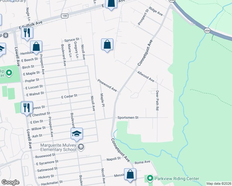 map of restaurants, bars, coffee shops, grocery stores, and more near 227 Pinewood Avenue in Central Islip