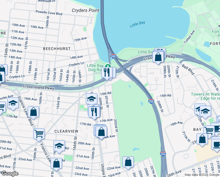 map of restaurants, bars, coffee shops, grocery stores, and more near 201-10 Cross Island Parkway in Queens