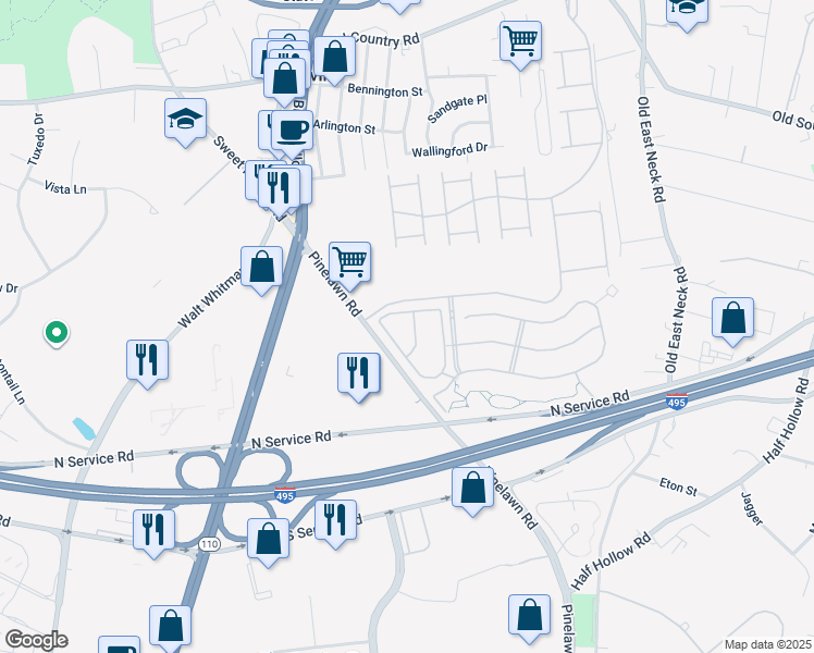 map of restaurants, bars, coffee shops, grocery stores, and more near 123 Brattle Circle in Melville