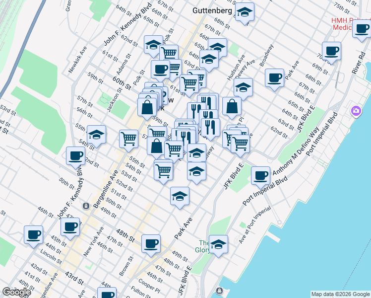 map of restaurants, bars, coffee shops, grocery stores, and more near Hudson Avenue & 58th Street in West New York