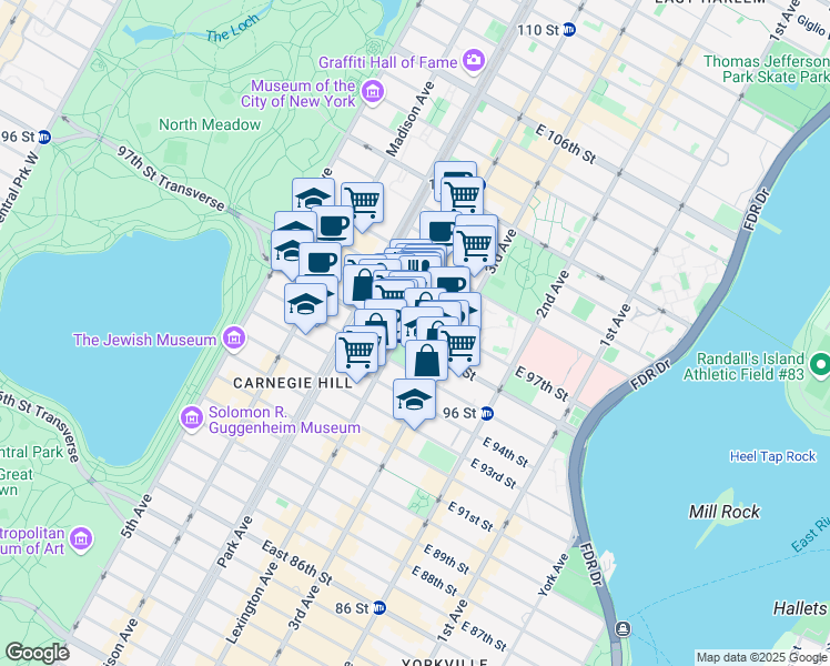 map of restaurants, bars, coffee shops, grocery stores, and more near 153 East 96th Street in New York