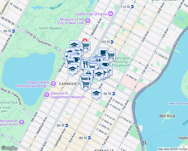 map of restaurants, bars, coffee shops, grocery stores, and more near 1491 Lexington Avenue in New York