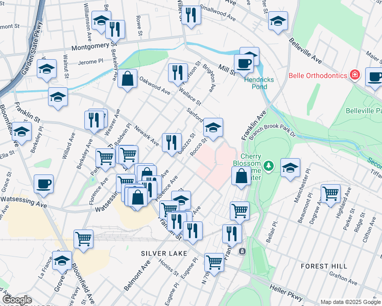 map of restaurants, bars, coffee shops, grocery stores, and more near 50 Cuozzo Street in Belleville