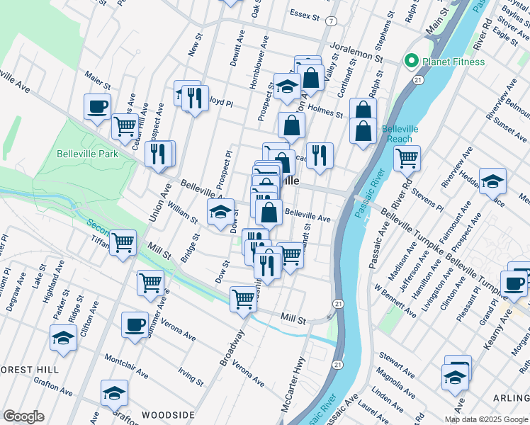map of restaurants, bars, coffee shops, grocery stores, and more near 106 Belleville Avenue in Belleville