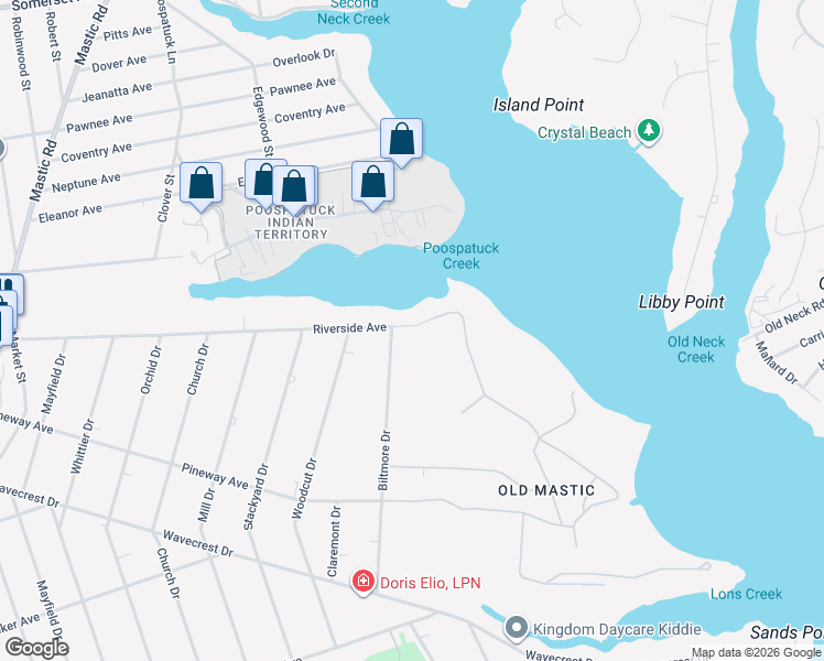 map of restaurants, bars, coffee shops, grocery stores, and more near 1 Private Road in Mastic Beach