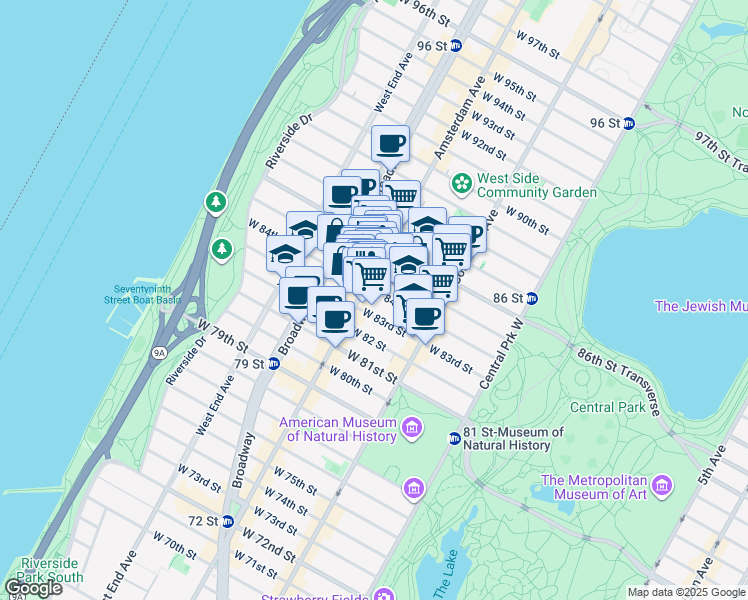 map of restaurants, bars, coffee shops, grocery stores, and more near 160 West 84th Street in New York