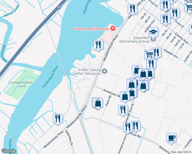 map of restaurants, bars, coffee shops, grocery stores, and more near 389 Whimbrel Lane in Secaucus