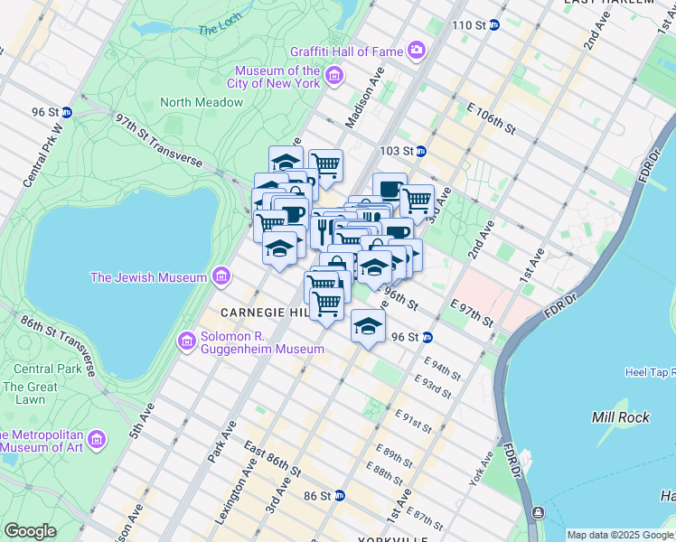 map of restaurants, bars, coffee shops, grocery stores, and more near 112 East 96th Street in New York