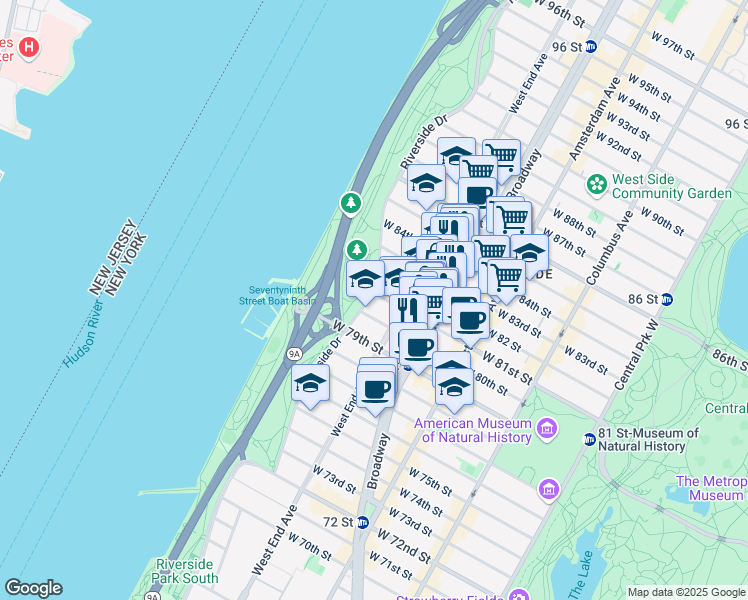 map of restaurants, bars, coffee shops, grocery stores, and more near 326 West 81st Street in New York