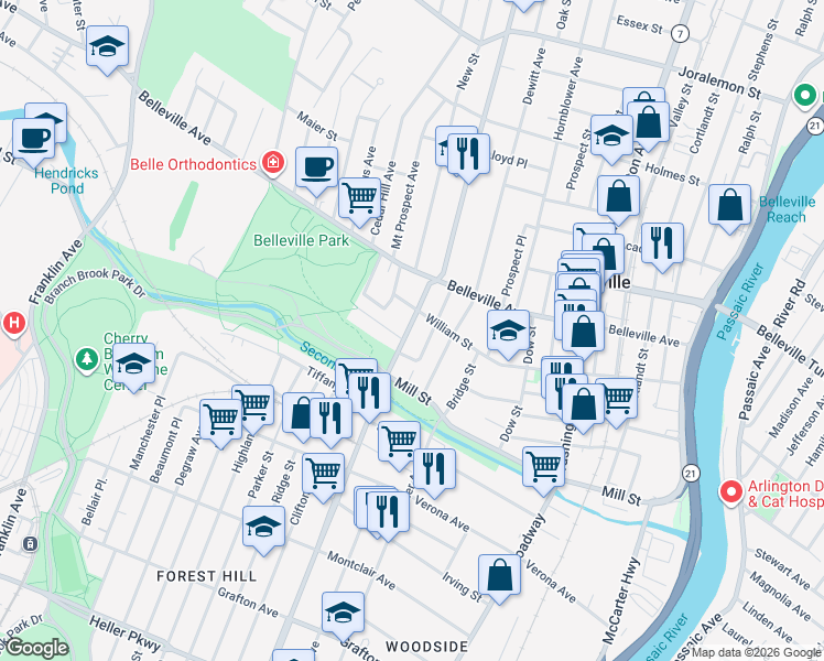 map of restaurants, bars, coffee shops, grocery stores, and more near 69 Union Avenue in Belleville
