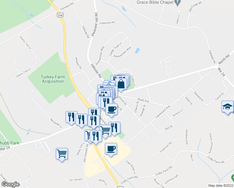map of restaurants, bars, coffee shops, grocery stores, and more near Main St & Hillside Rd in Chester