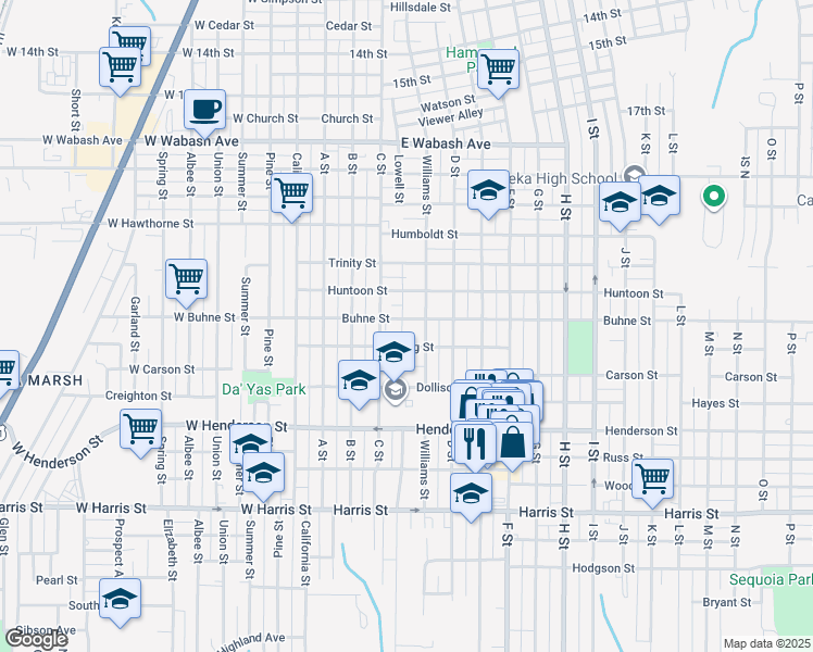 map of restaurants, bars, coffee shops, grocery stores, and more near 224 Buhne Street in Eureka