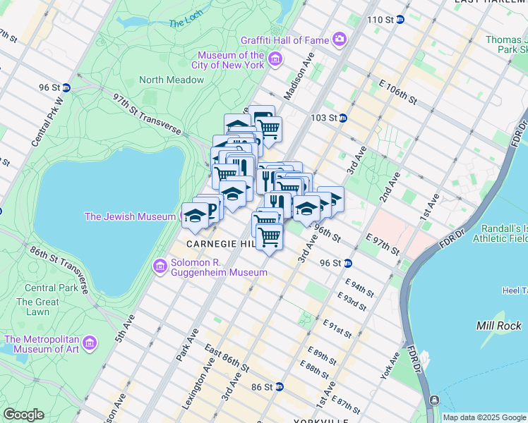 map of restaurants, bars, coffee shops, grocery stores, and more near 1225 Park Avenue in New York