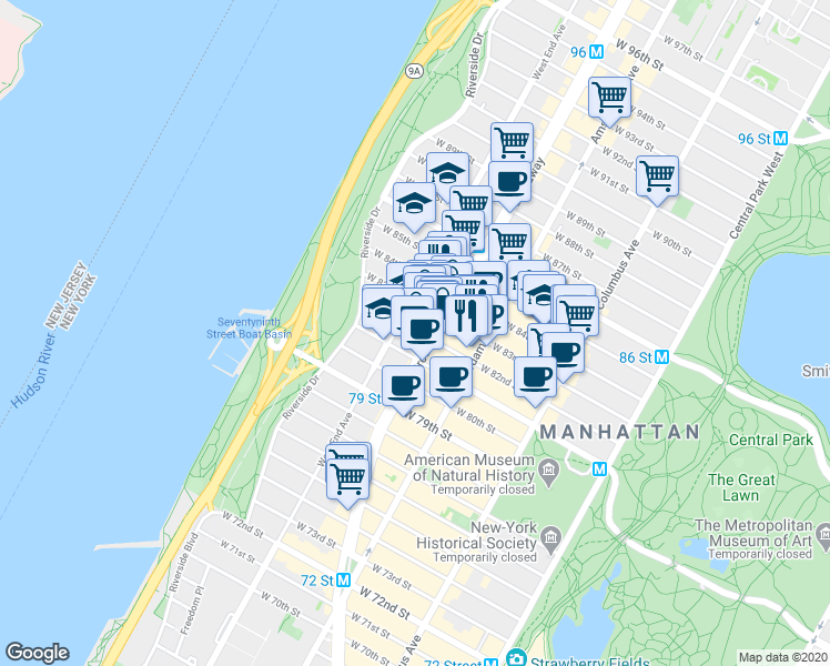 map of restaurants, bars, coffee shops, grocery stores, and more near 250 West 82nd Street in New York