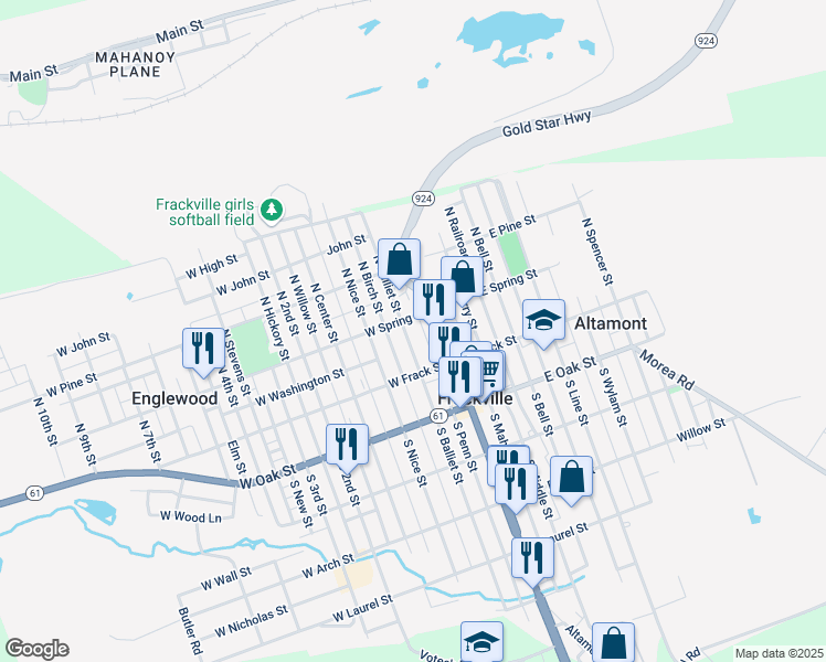 map of restaurants, bars, coffee shops, grocery stores, and more near 57 N Balliet St in Frackville
