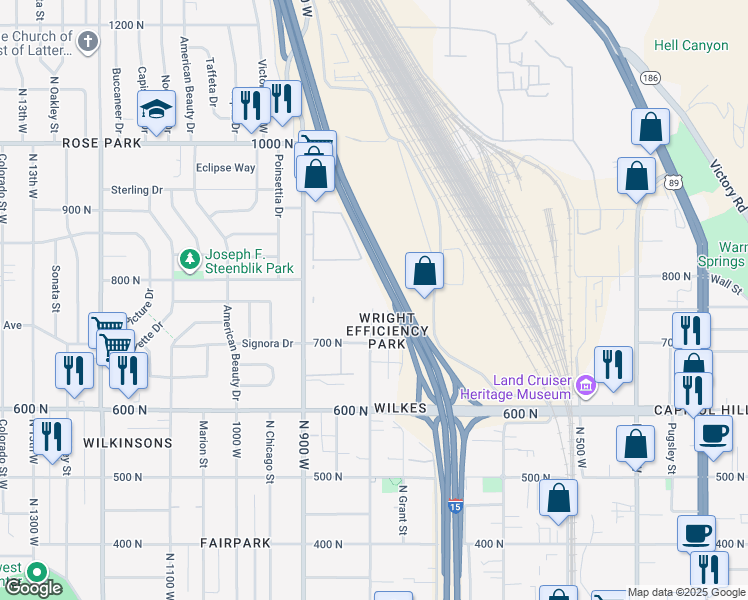 map of restaurants, bars, coffee shops, grocery stores, and more near 728 North 8th West in Salt Lake City