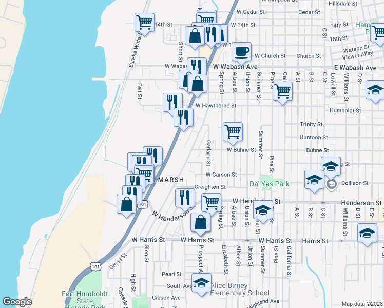 map of restaurants, bars, coffee shops, grocery stores, and more near 2415 Fairfield Street in Eureka