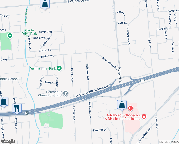 map of restaurants, bars, coffee shops, grocery stores, and more near 433 Robinson Avenue in Patchogue