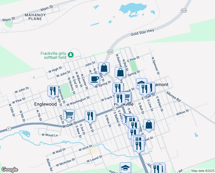 map of restaurants, bars, coffee shops, grocery stores, and more near 57 N Balliet St in Frackville