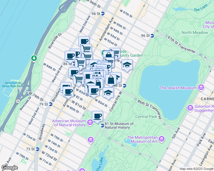 map of restaurants, bars, coffee shops, grocery stores, and more near 40 West 86th Street in New York