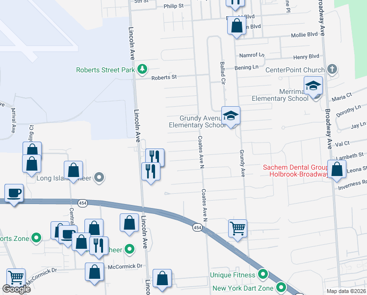 map of restaurants, bars, coffee shops, grocery stores, and more near 204 Helen Street in Holbrook