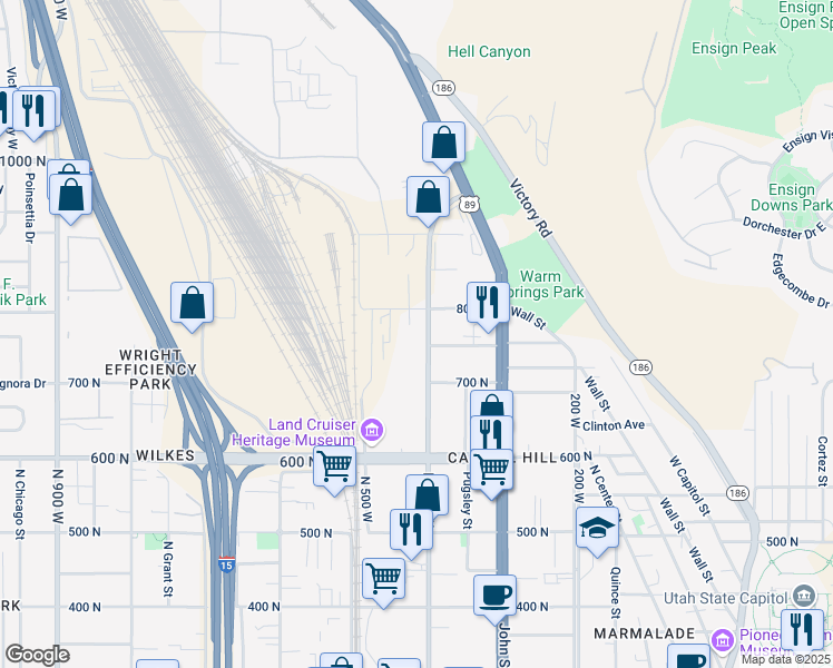 map of restaurants, bars, coffee shops, grocery stores, and more near 765 North 400 West in Salt Lake City