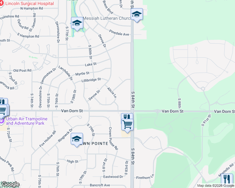 map of restaurants, bars, coffee shops, grocery stores, and more near 8225 Karl Ridge Road in Lincoln