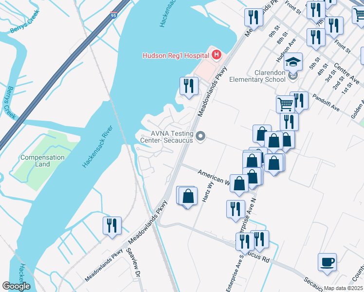 map of restaurants, bars, coffee shops, grocery stores, and more near 389 Whimbrel Lane in Secaucus