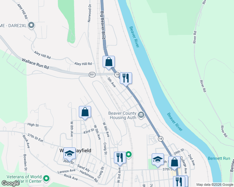 map of restaurants, bars, coffee shops, grocery stores, and more near 4712 5th Avenue in Beaver Falls