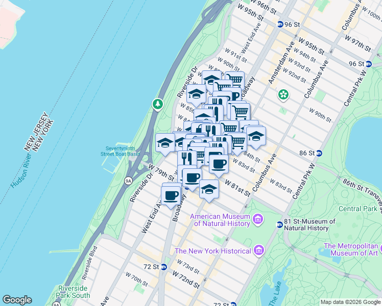 map of restaurants, bars, coffee shops, grocery stores, and more near 450 West End Avenue in New York