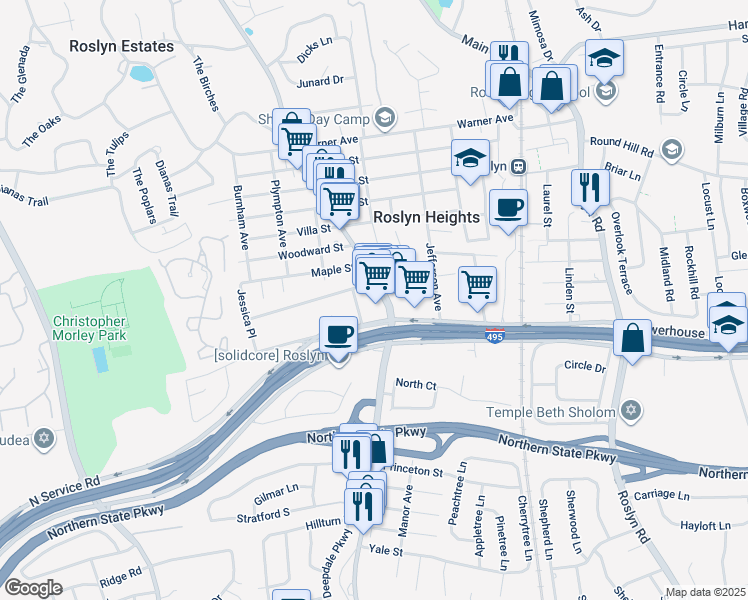 map of restaurants, bars, coffee shops, grocery stores, and more near 177 Mineola Avenue in Roslyn Heights
