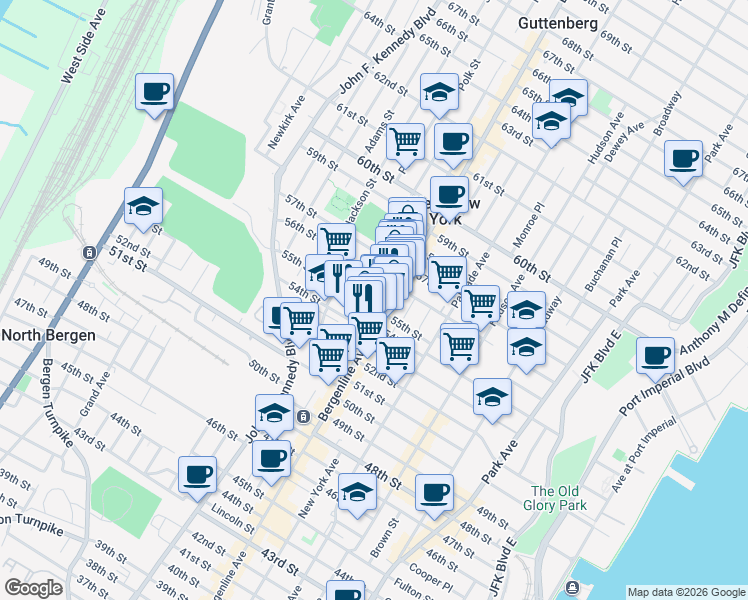 map of restaurants, bars, coffee shops, grocery stores, and more near 515 56th Street in West New York