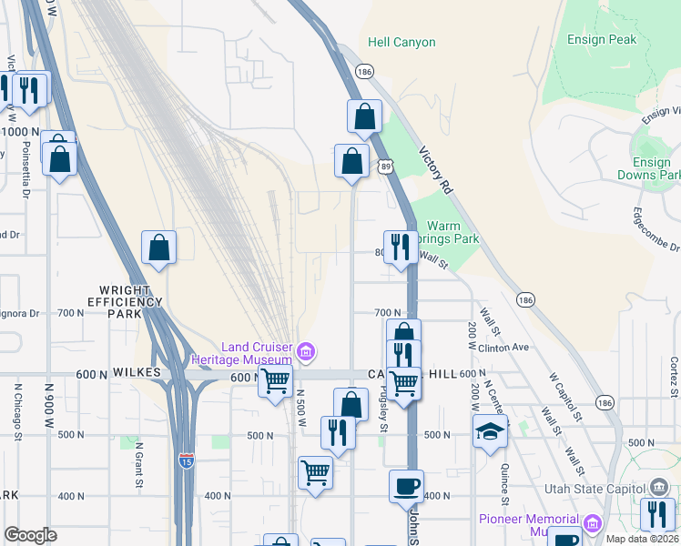 map of restaurants, bars, coffee shops, grocery stores, and more near 765 North 400 West in Salt Lake City
