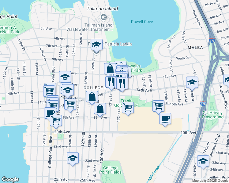 map of restaurants, bars, coffee shops, grocery stores, and more near 131-12 14th Avenue in Queens