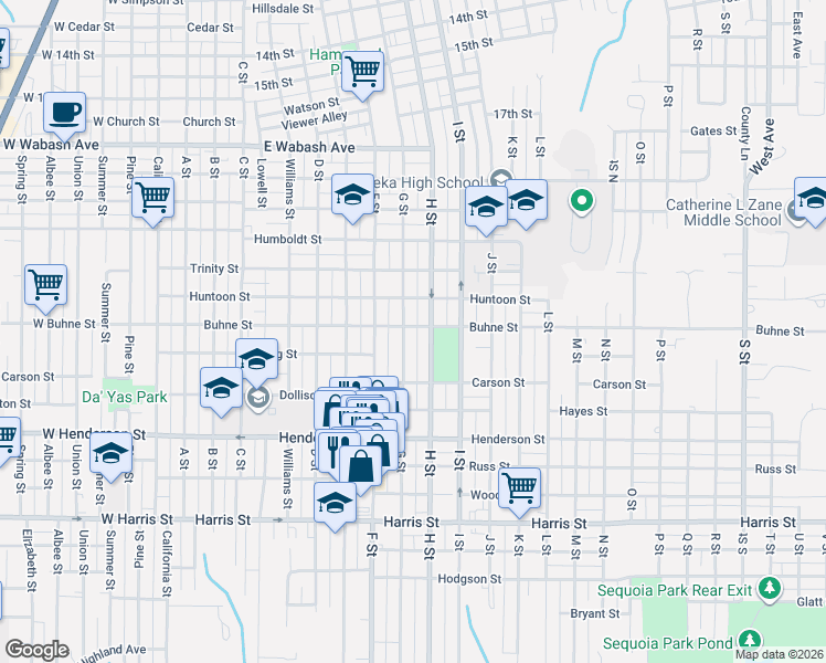 map of restaurants, bars, coffee shops, grocery stores, and more near 2332 G Street in Eureka
